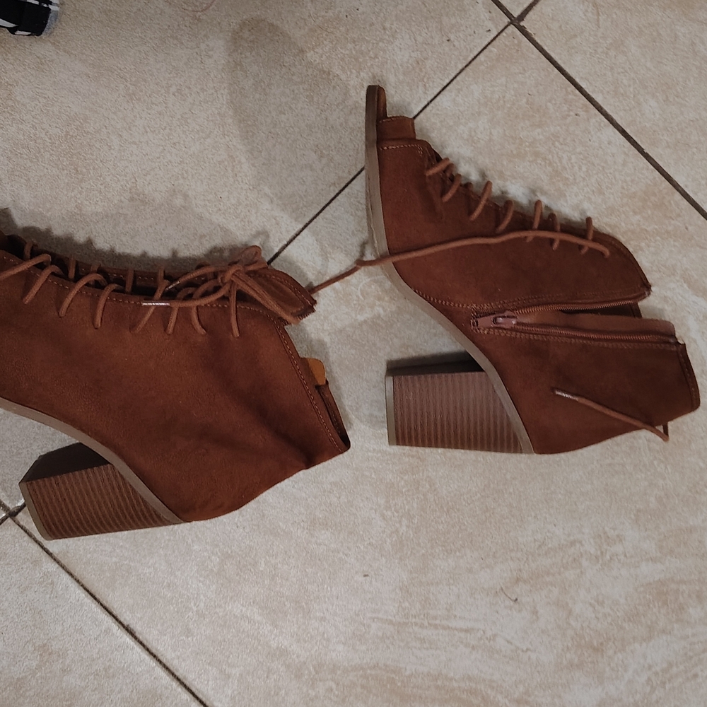 Soda Brown Suede Lace-Up Block Heel Booties